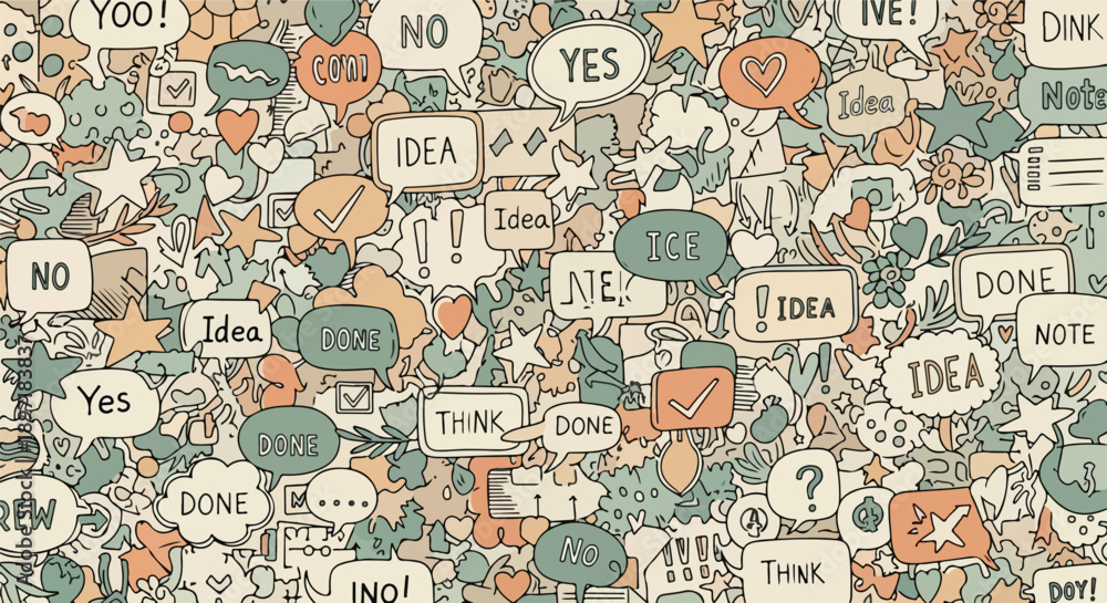 Obraz premium A vibrant and detailed illustration of numerous speech bubbles and thought clouds depicting a brainstorming session or a flurry of ideas and communication.
