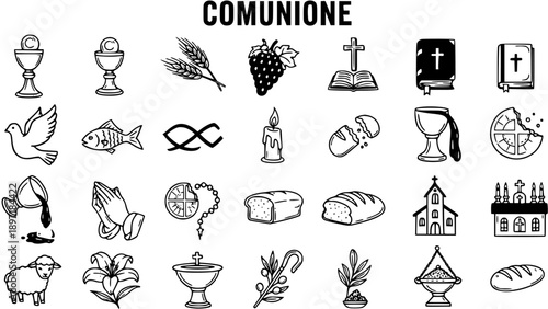 Black and White Hand-Drawn Line Art Christian Holy Communion Icons Set. Religious Symbols of Sacraments, Eucharist, and Church Rituals.