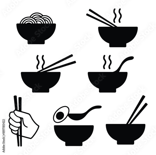 Collection of Black and White Icons Representing Bowls of Noodles and Soup