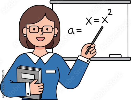 A friendly teacher in glasses, dressed in a blue blouse, stands by a whiteboard with equations, holding a book and a pointer