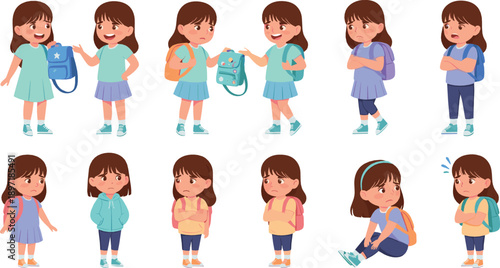 School Girl Emotions Vector Set with Backpack, Daily School Life, Feelings, Poses, Uniform Outfit and Cute Cartoon Child Characters