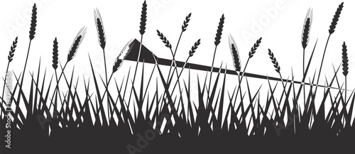 Silhouette of wheat and grass with a stylized abstract geometric shape cutting through the stalks on a white background
