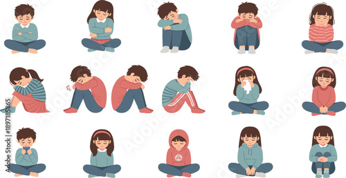 Sad and Anxious Kids Vector Set with Children Sitting Alone, Fear, Stress, Loneliness and Mental Health Awareness Cartoon Characters