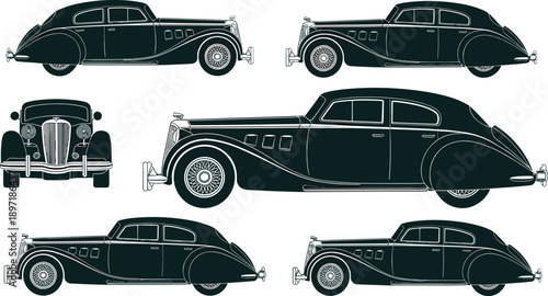Vintage classic luxury car silhouette illustration, retro automobile collection, antique sedan design, old fashioned vehicle vector set