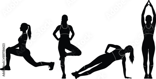 Silhouette illustration collection of fitness and yoga poses including lunge, tree pose, side plank, and mountain stretch for exercise, balance, strength, and wellness projects