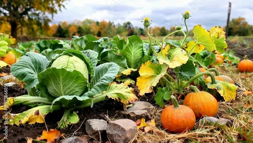 Autumn Harvest of Cabbage and Pumpkins in a Garden.