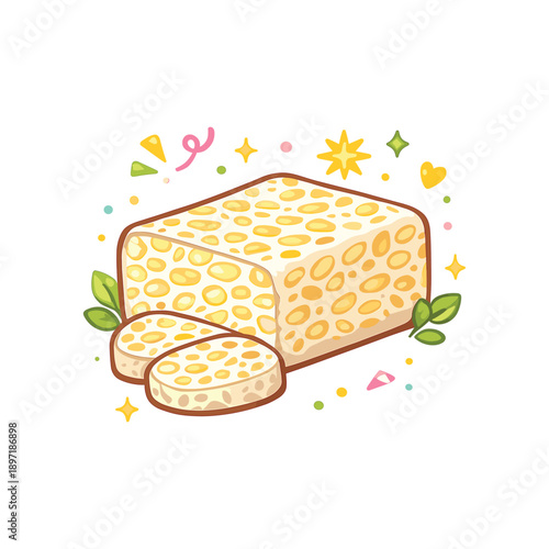 Sliced tempeh block with leaves flat vector illustration
