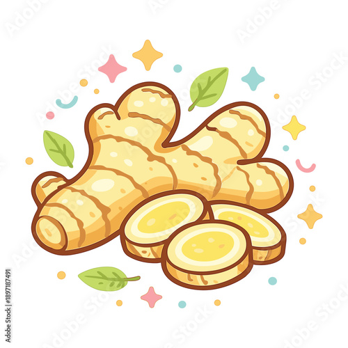 Ginger root with sliced pieces flat vector illustration