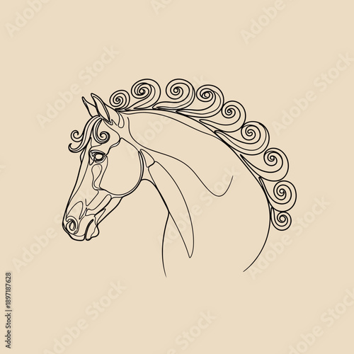 Elegant Horse Head Outline with Swirling Mane.