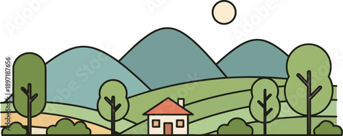 Serene rural landscape illustration with rolling hills, a small house, and scattered trees under a vast, calm sky