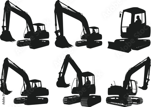 Black vector silhouette set of heavy excavators for concepts of construction building industrial work earthmoving machinery civil engineering development and urban infrastructure branding