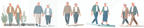 vector of old couple walking while holding hands romantically