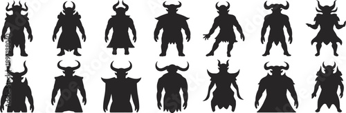 Group of stylized fantasy character silhouettes with elaborate horns and unique costumes representing different mythical beings and magical entities