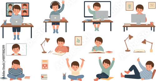 Kids Studying and Online Learning Vector Set with Home Schooling, Video Classes, Homework, Desk Activities and Cute Cartoon Child Characters