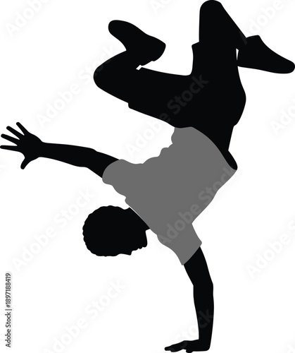 Breakdance dancer silhouette vector illustration, hip hop street performer doing handstand move isolated on white background urban dance art design