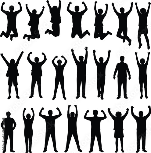 Happy People Silhouette Set Illustration Showing Jumping and Celebrating Men and Women Poses, Success, Victory, Motivation and Team Spirit Concept, Black and White Isolated Design