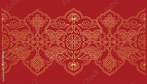 Traditional Chinese Ornament with Gold Pattern on Red Background