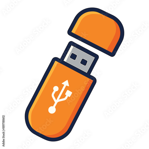 Orange USB flash drive with removed cap flat vector