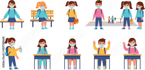 School Kids Wearing Face Masks Vector Set with Classroom Desks, Social Distancing, Hand Sanitizer and COVID-19 Safety Behavior Illustration