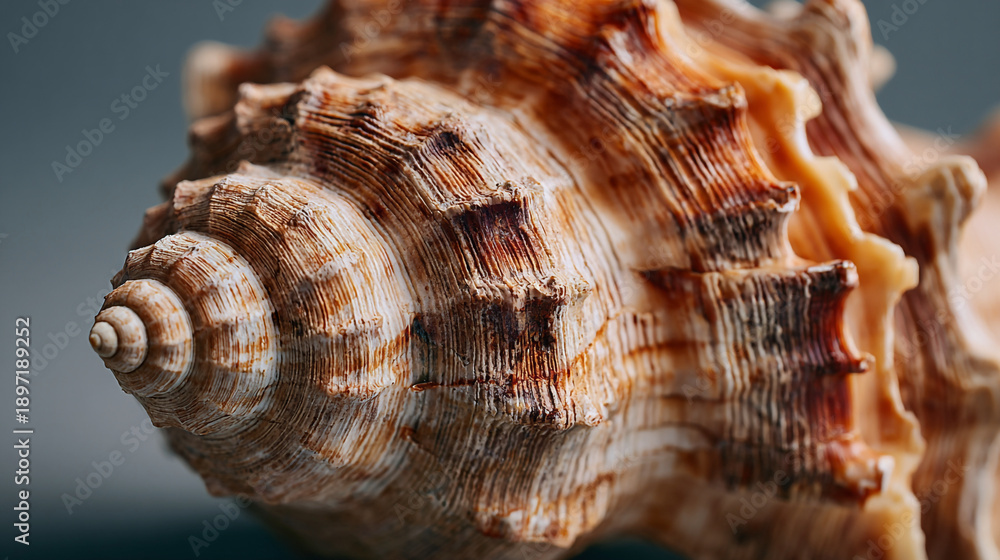 Fototapeta premium Detailed macro shot of a conch seashell showing spiral ridges