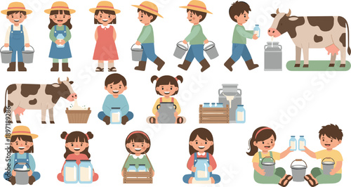 Kids Farming and Dairy Vector Set with Children Milking Cows, Milk Bottles, Buckets, Farm Life and Cute Cartoon Agriculture Characters