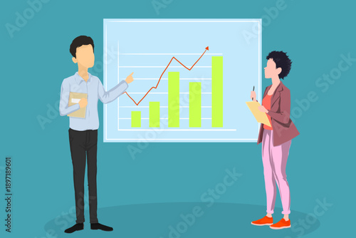 A male manager and his female assistant are presenting in the office with a bar chart graph