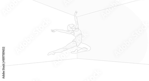 a powerful contemporary dancer gracefully leaping and defying gravity within a minimalist white corner room embodying artistic expression and dynamic athleticism.