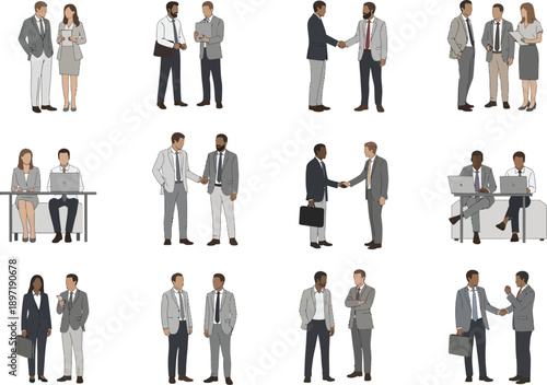 Business professionals in suits, depicted in various interactions like handshakes, meetings, and one-on-one discussions.
