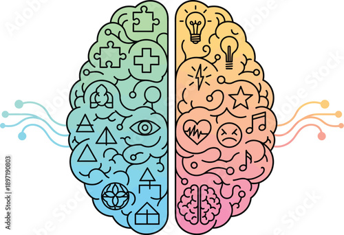 Stylized illustration of a human brain divided into two hemispheres, symbolizing logic and creativity with various icons.