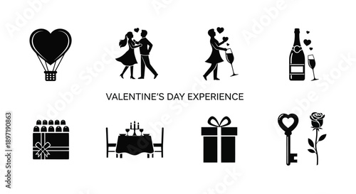 Valentine's day icons set with romantic symbols and gifts on white background