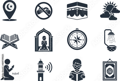 Universal icons set for Islam including Kaaba, prayer rug, Quran, compass, sun, and no forbidden sign