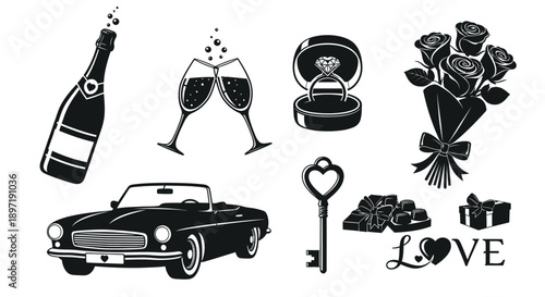 Black and white romantic wedding icons symbols and objects on a white background including champagne roses a vintage car and gifts
