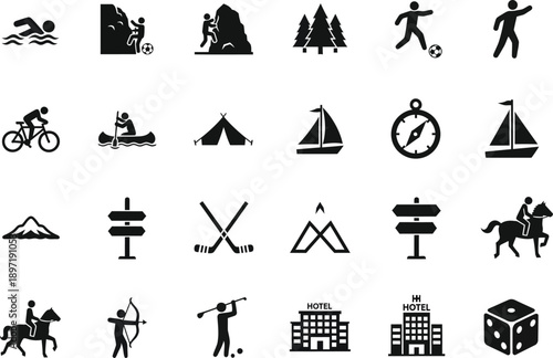 Outdoor activity icons: swimming, rock climbing, camping, cycling, canoeing, sailing, hiking, horse riding, archery