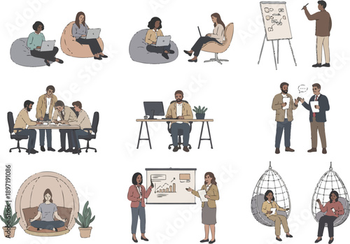 Modern office and co-working space illustrations: team meetings, individual work, presentations, and relaxation