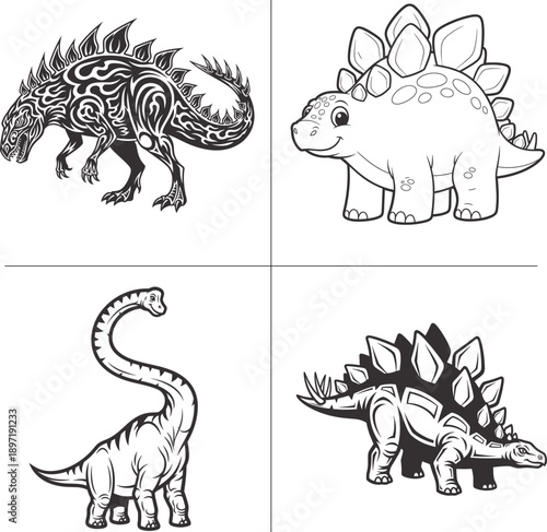dinosaur vector set with tribal cartoon realistic and stegosaurus styles for kids graphics