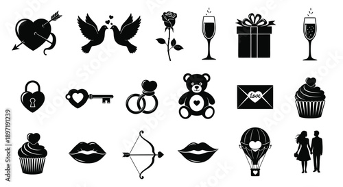Black valentine's day icons set including hearts gifts love symbols and romantic elements