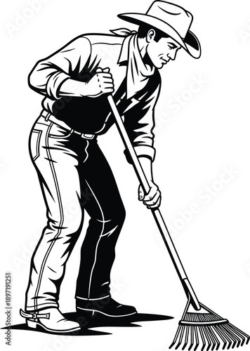 Farmer raking leaves, cowboy style, vintage black and white illustration for autumn work and harvest themes