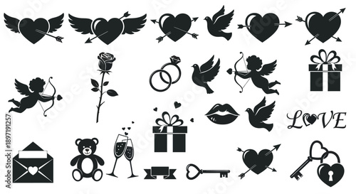 Black valentine's day icons set including hearts love symbols gifts and romantic elements on white background for design and decoration