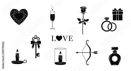 Romantic wedding and love themed icons including hearts rings candles and gifts on white background