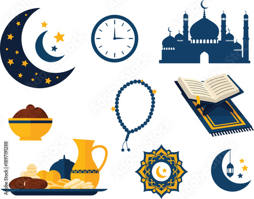 Ramadan elements set: crescent moon, stars, mosque, clock, dates, prayer beads, holy book on rug, and geometric design