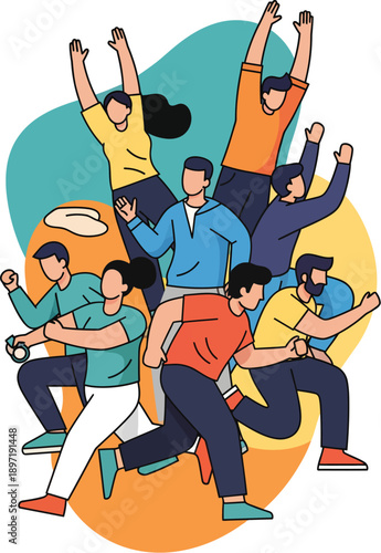 Energetic group of diverse people running and moving with excitement, set against a vibrant abstract background.