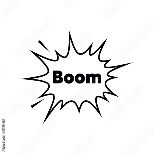 Minimalist black outline vector icon of a comic chat bubble with the word “Boom”, symbolizing explosion, impact and sudden events in pop art style, isolated on a transparent background
