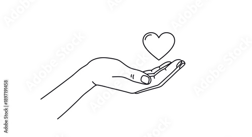 Minimalist black outline vector icon of a helping hand with heart, symbolizing care, support and charity, isolated on a transparent background