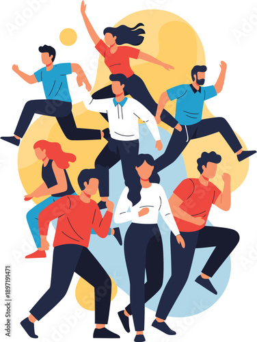 Dynamic group of people in motion, jumping and moving with energy, set against abstract colorful blobs.