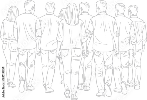 Group of people walking away from the viewer, viewed from behind, in a simple line drawing style.
