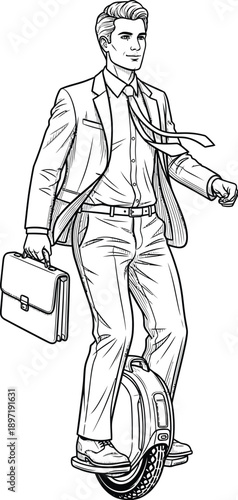 Businessman in a suit riding a self-balancing unicycle while carrying a briefcase, a modern and efficient way to commute.