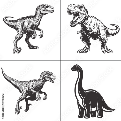 dinosaur vector set with velociraptor t rex and brachiosaurus for kids t shirt graphics
