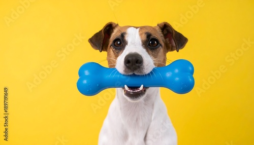 A happy Jack Russell Terrier dog holding a blue bone toy in its mouth against a vibrant yellow background.