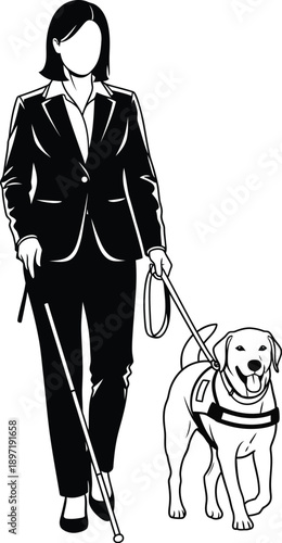 Businesswoman with guide dog and cane, illustration for disability, assistance and independence concepts.