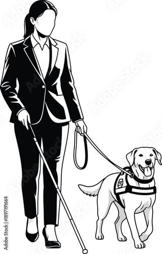 Woman in a suit and heels walks with a guide dog on a leash and a cane, representing independence and assistance for the visually impaired.